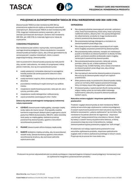 Instrukcja pielęgnacji zlewozmywaków ze stali szlachetnej TASCA